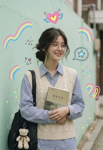 Korean girl with messy bun smiles beside mint wall doodles — Nano Banana 2 AI Prompt: A realistic street-style portrait of a fictional Korean girl with a messy low bu...
