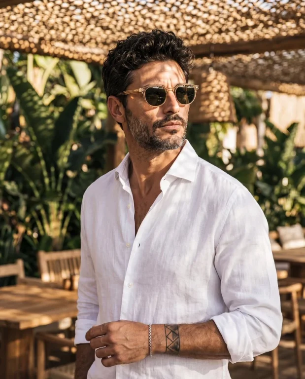 Crisp linen shirt pairs with champagne Wayfarers in tropical sunlight.