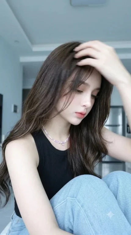 Young woman with glass skin pouts in a minimalist bedroom selfie