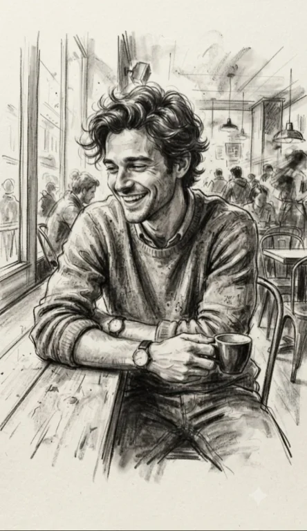 A handsome man smiles warmly in a charcoal cafe sketch