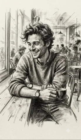 A handsome man smiles warmly in a charcoal cafe sketch — Nano Banana 2 AI Prompt: A vertical, artistic charcoal sketch capturing a handsome, cute man in a candid...