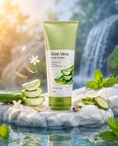 Luxury face wash tube stands on polished black stone pedestal — Nano Banana 2 AI Prompt: Create a high-end commercial skincare advertisement featuring a premium face was...