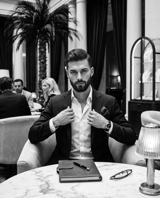 A sharp-suited gentleman adjusts his lapels in a moody lounge