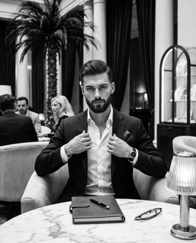 A sharp-suited gentleman adjusts his lapels in a moody lounge — Nano Banana 2 AI Prompt: A handsome, sophisticated man with sharp facial features, a strong jawline, and...