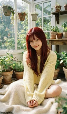 Red-haired woman smiles warmly in sun-drenched greenhouse sanctuary — Nano Banana 2 AI Prompt: A soft, ethereal portrait of a young woman with vibrant, long red hair and soft...