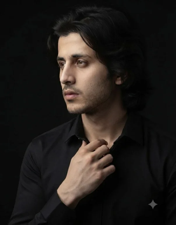 Dark-haired man in a black shirt poses against solid background