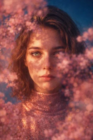 Young woman with green eyes peers through soft pink blossoms in sunlight. — Nano Banana 2 AI Prompt: { "prompt": "Poetic cinematic close-up portrait of a young woman partially o...