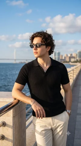 A lean man in ivory trousers leans against a waterfront railing — Nano Banana 2 AI Prompt: Create an ultra-realistic luxury lifestyle fashion editorial portrait of a lean...