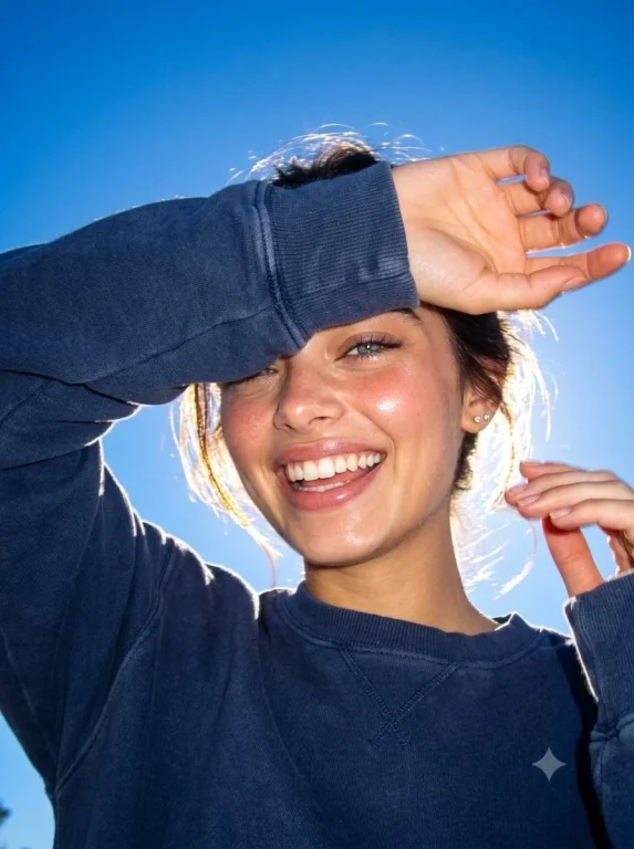 Young woman with glowing skin smiles beneath a deep blue sky