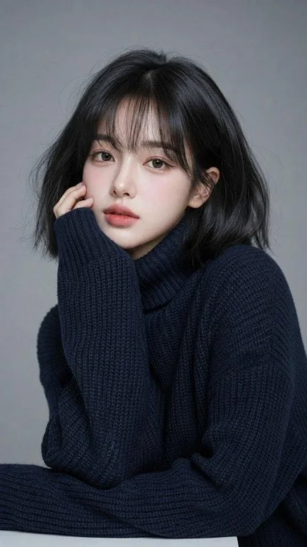 East Asian woman in navy turtleneck rests head on hand