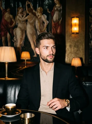 A man in a black blazer gazes past a coffee cup in a club — Nano Banana 2 AI Prompt: A handsome young man with subtly wavy, matte brown hair, light stubble, and a ca...