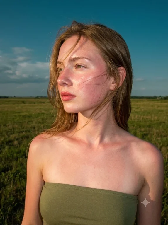 Young woman in meadow glows in warm golden hour light