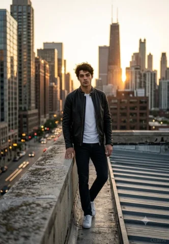 A calm man in a leather jacket stands on a rooftop at sunset — Nano Banana 2 AI Prompt: Use the exact same face from the reference image and generate a cinematic roofto...