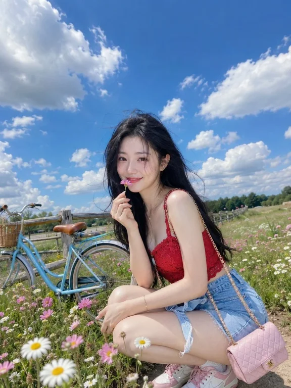 A young woman in a flower field holds a daisy near her lips