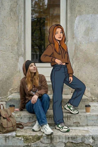 Young woman sits with her cartoon twin on worn urban steps — Nano Banana 2 AI Prompt: Transform the uploaded image into an ultra-high-resolution mixed-reality street...