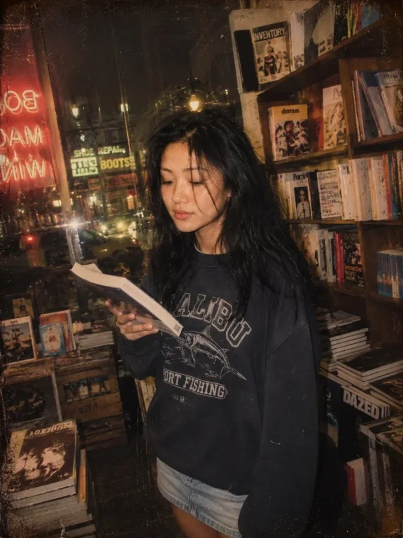 A young woman reads a book in a cozy bookstore at night