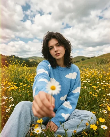 A woman in a cloud sweater offers a daisy in a sunlit field — Nano Banana 2 AI Prompt: cinematic, wide-angle portrait of her sitting in a wildflower field during the d...