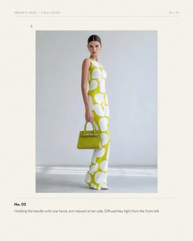 Young woman in chartreuse geometric jumpsuit holds lime handbag in studio — Nano Banana 2 AI Prompt: A professional editorial fashion photograph of a young woman with a sleek center...