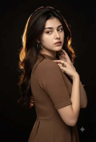Elegant young woman poses with warm rim lighting against black background — Nano Banana 2 AI Prompt: A professional, cinematic portrait of a young woman with long, voluminous, dark...