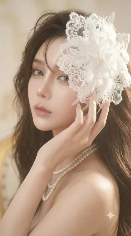 A mysterious woman with flowing hair wears a white lace headpiece