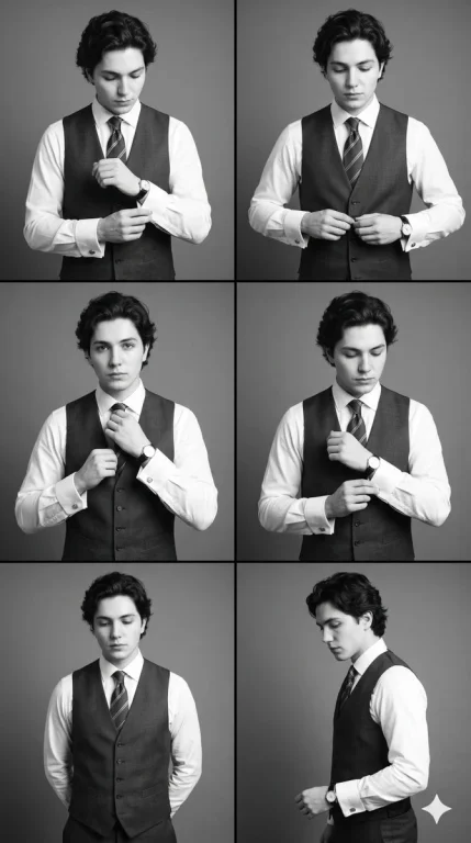 A gentleman poses in six variations on a gray backdrop