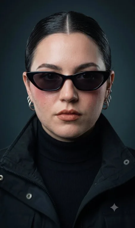 A woman in black sunglasses stares intensely under studio lights.