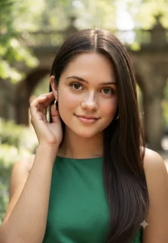 A serene woman in green touches gold earrings outdoors. — Nano Banana 2 AI Prompt: Capture a stunning, high-resolution portrait of a young woman with natural beaut...