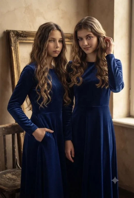 Elegant women in velvet dresses bask in golden window light