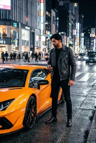 A man in black leather poses beside an orange Lamborghini on a wet night street — Nano Banana 2 AI Prompt: Using uploaded face 100% realistic. A cinematic, photorealistic full body shot c...
