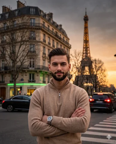 A confident young man poses in front of the Eiffel Tower at twilight — Nano Banana 2 AI Prompt: A young male adult stands centered, facing the camera straight on with leveled s...
