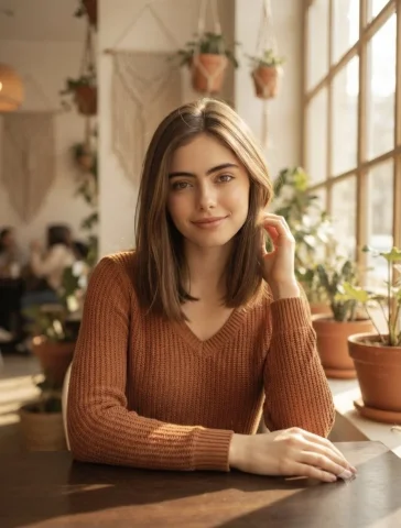 A young woman in a rust-orange sweater smiles in a sunny cafe. — Nano Banana 2 AI Prompt: A photorealistic portrait captures a young woman seated at a dark wooden table i...