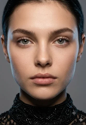 A hyper-detailed face fills the frame with quiet intensity — Nano Banana 2 AI Prompt: Use the exact same face from the reference image and generate the most technical...