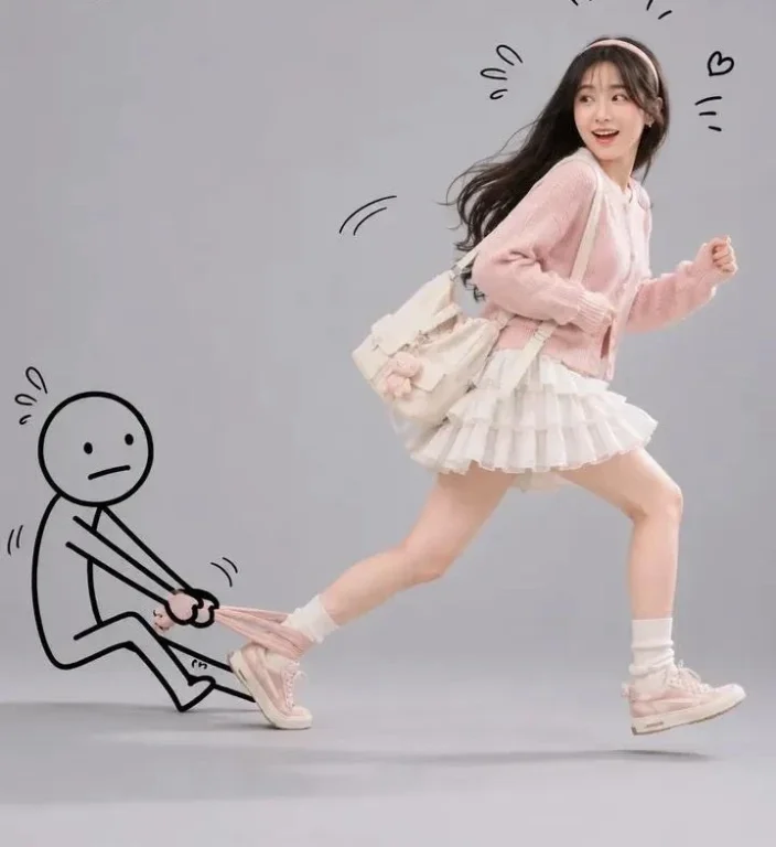 A playful stick figure tugs a Korean girl's pastel hoodie in a studio