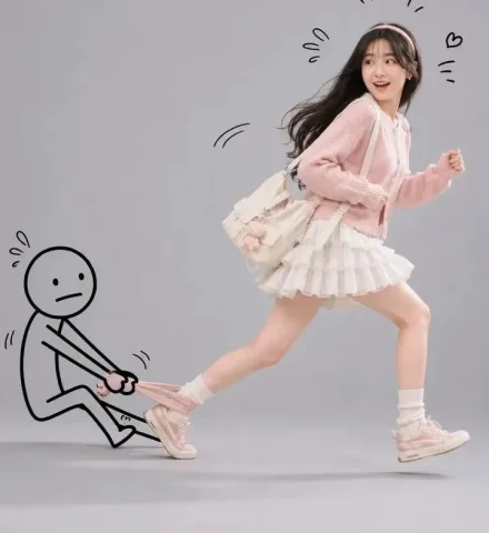 A playful stick figure tugs a Korean girl's pastel hoodie in a studio — Nano Banana 2 AI Prompt: Use the uploaded image as the base reference. Preserve the original camera angle...