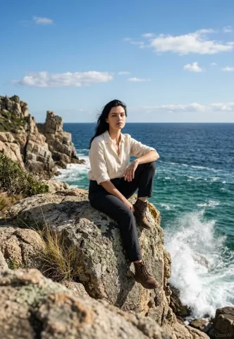 Man sits on coastal rock in linen shirt gazing at ocean — Nano Banana 2 AI Prompt: Use the exact same face from the reference image and generate a stunningly reali...