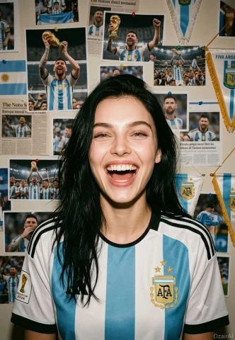Joyful Portugal fan celebrates with wide smile in red jersey — Nano Banana 2 AI Prompt: Use the exact same face from the reference image and generate a cinematic close-...