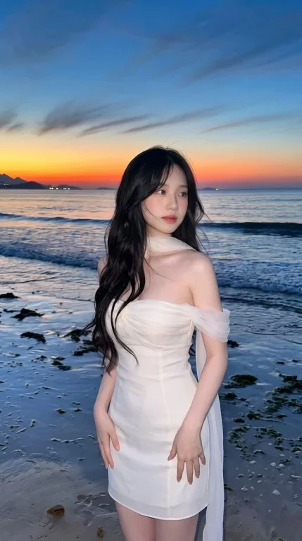 Young woman in white dress poses on beach at blue hour sunset