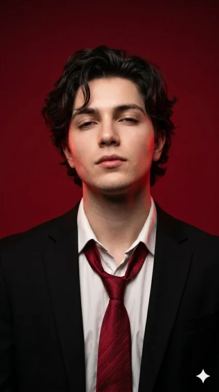 A young man in a crimson tie stares with cool defiance
