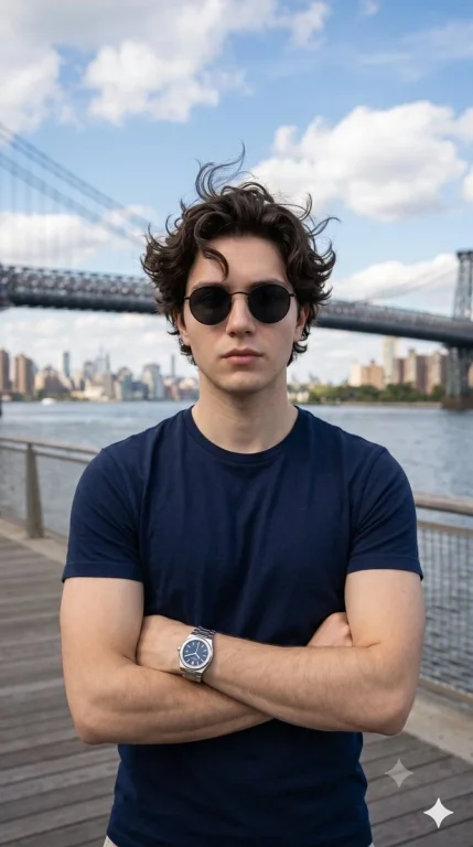 A confident young man stands on a sunny waterfront promenade