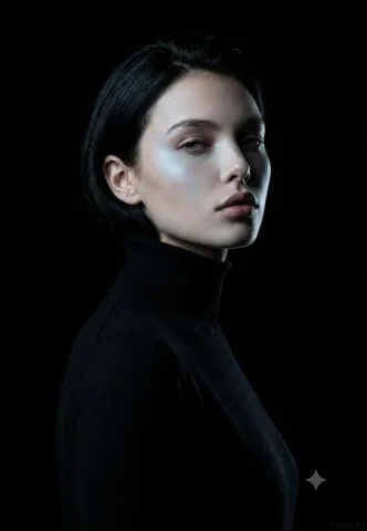 A model in a black turtleneck turns with cold intensity. — Nano Banana 2 AI Prompt: Use the exact same face from the reference image and generate an avant-garde fas...