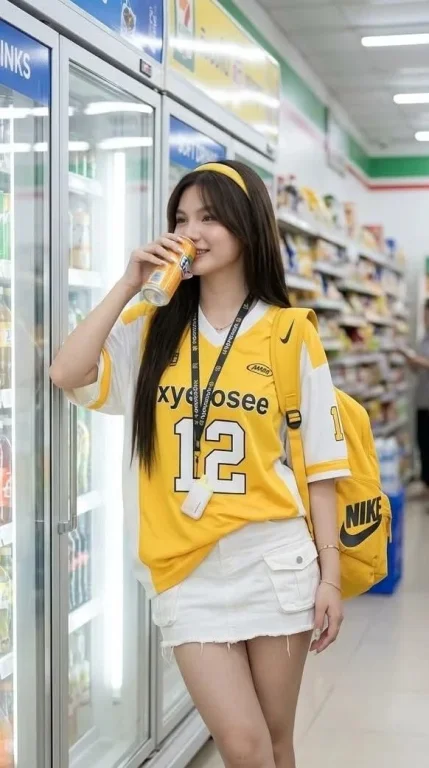 A fair woman with glass skin leans against a grocery refrigerator