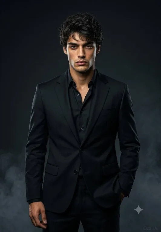 A fearless model in a tailored black suit commands the camera