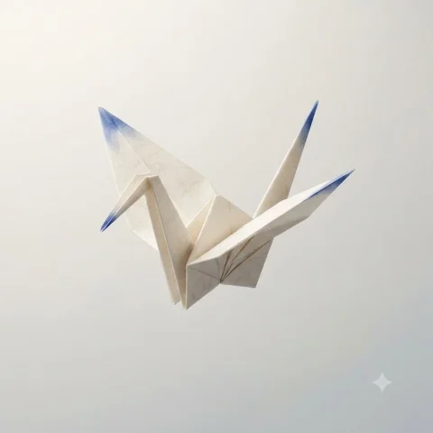 A pristine origami heart floats against a clean neutral backdrop — Nano Banana 2 AI Prompt: Minimalist origami heart meticulously folded from a single sheet of premium text...