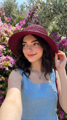 A young woman in a maroon hat smiles among purple flowers — Nano Banana 2 AI Prompt: A high-quality, vertical portrait of a young woman with a warm and friendly expr...