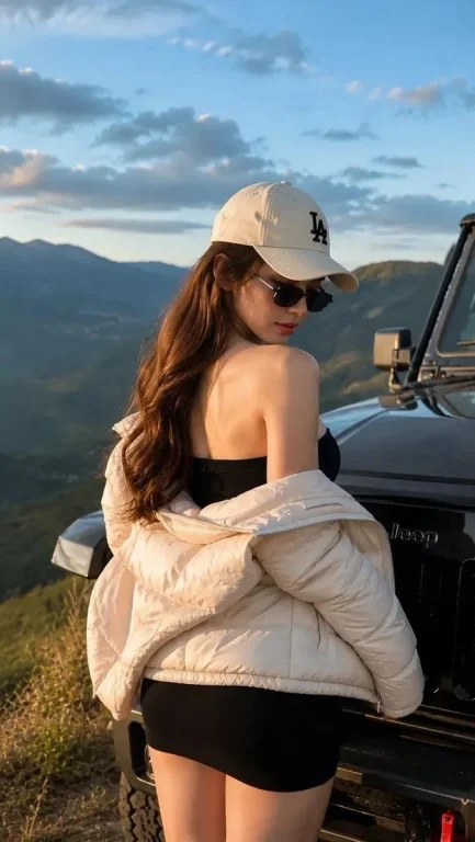Woman in black dress leans against Jeep in golden hour hills