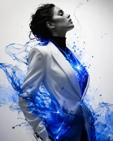 Elegant woman in monochrome with translucent blue flowers — Nano Banana 2 AI Prompt: Luxury fashion editorial portrait, woman in elegant side profile with confident...