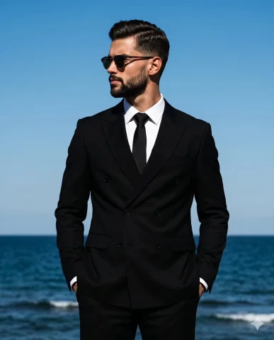 A man in a black suit stands profile against a blue sky — Nano Banana 2 AI Prompt: A handsome man stands perfectly centered in a medium-scale shot, exuding a sophi...