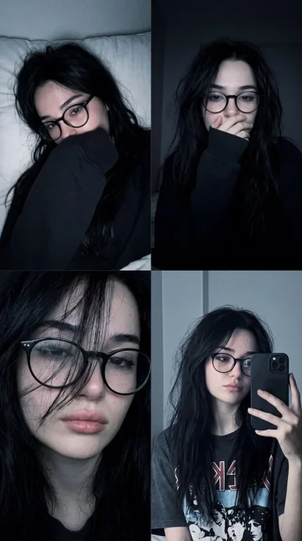 Dark bedroom photo collage shows a woman in four candid poses