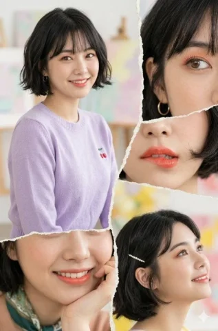 Young woman with wavy black hair shows bright cheerful expressions — Nano Banana 2 AI Prompt: Portrait photography collage featuring a young East Asian woman with short, wavy...