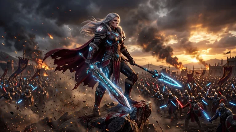 Jo stands on a rocky battlefield with glowing armor and weapons